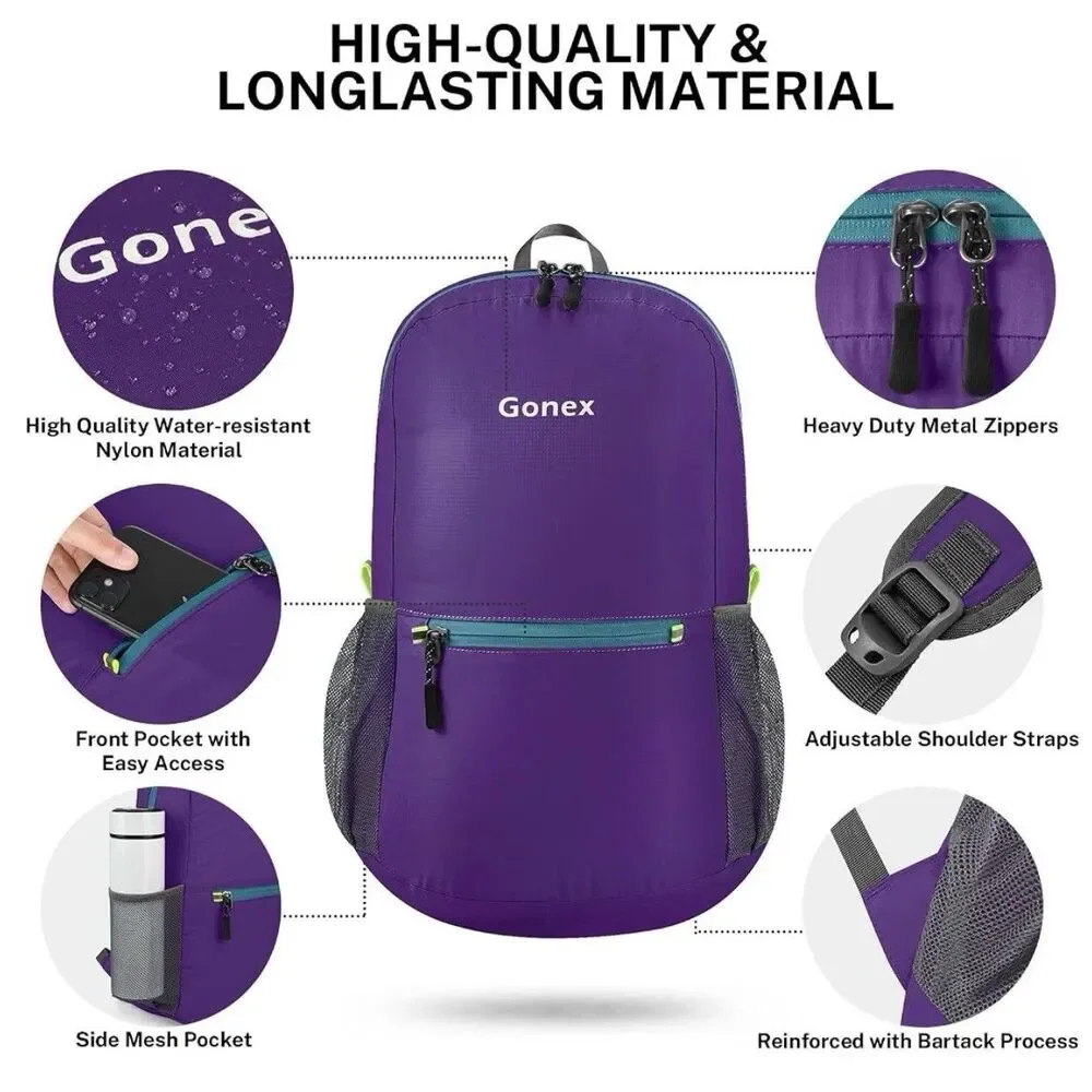 GONEX Ultra Lightweight Foldable 20L Purple Water Resistant Backpack (Bx 4)
